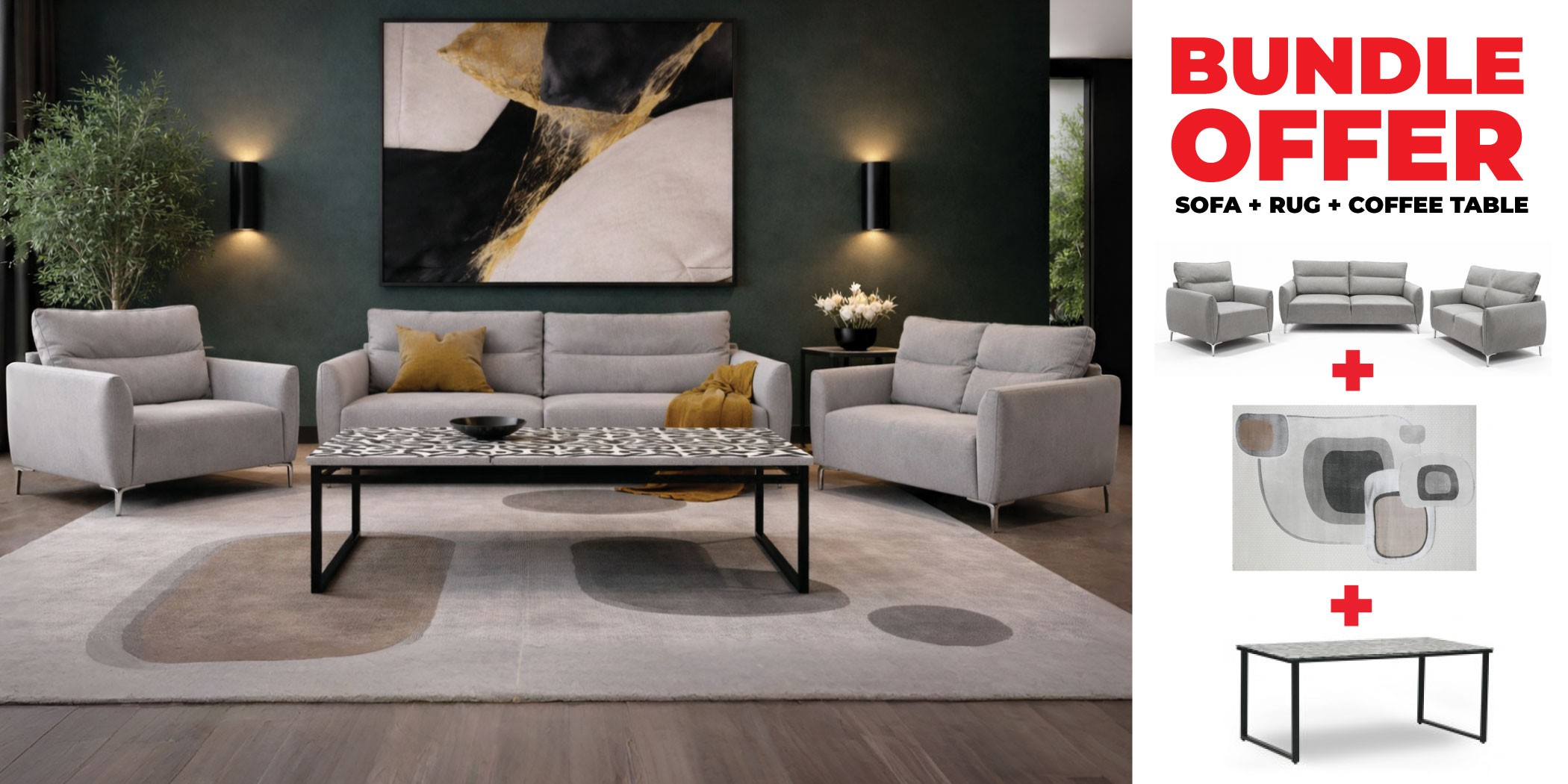 aglia 3+2+1 Str Fabric Grey Leather Gel + Dahl Coffee Table + Rug 160x230 cm Grey