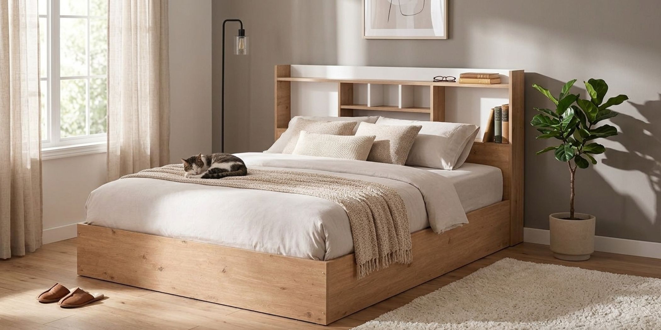 Neo Bed 150x190 cm MDF Red Oak and White