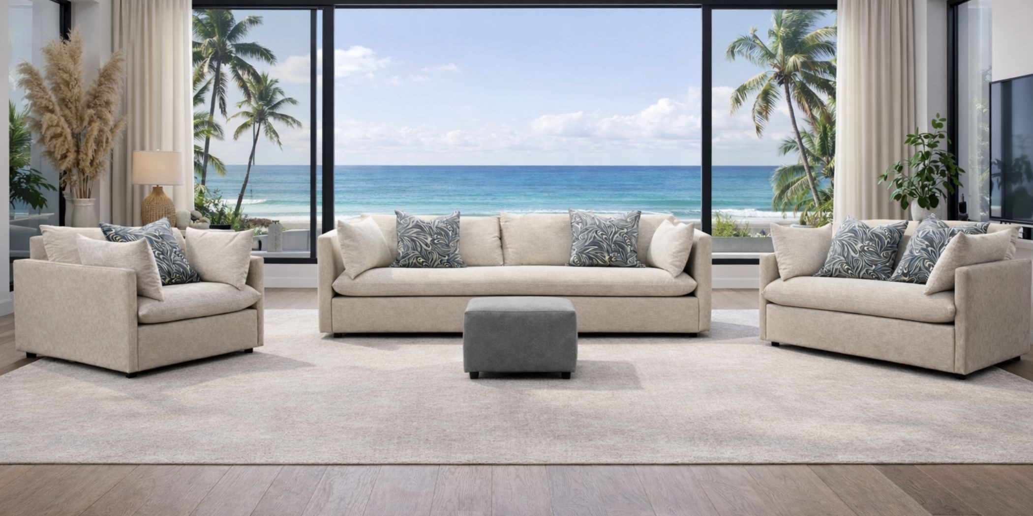 Helix 3+2+1+FREE OTTOMAN Fabric Beige Leather Gel