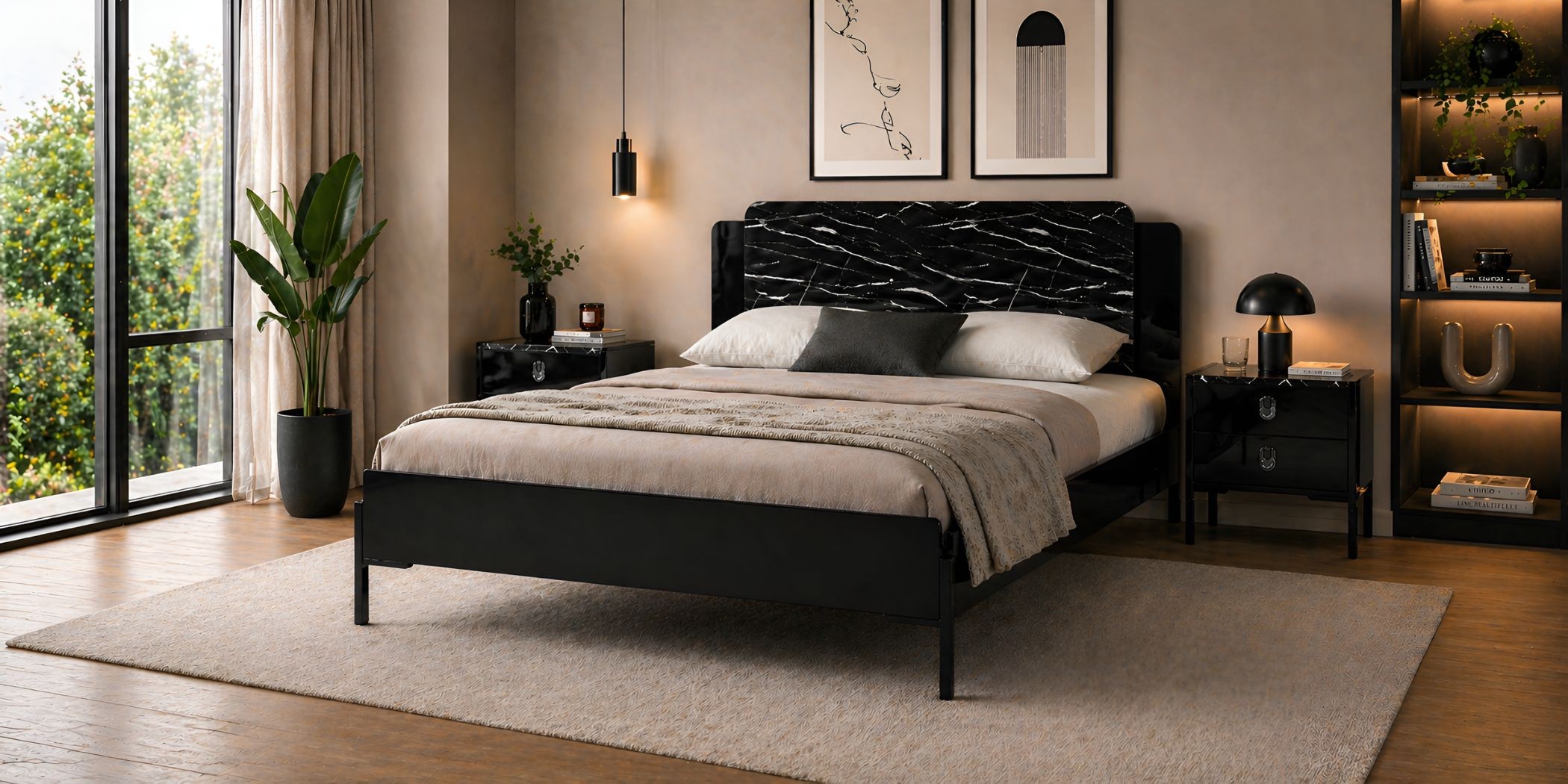 Essencia Bed 180x200 cm Glossy Black & Marble