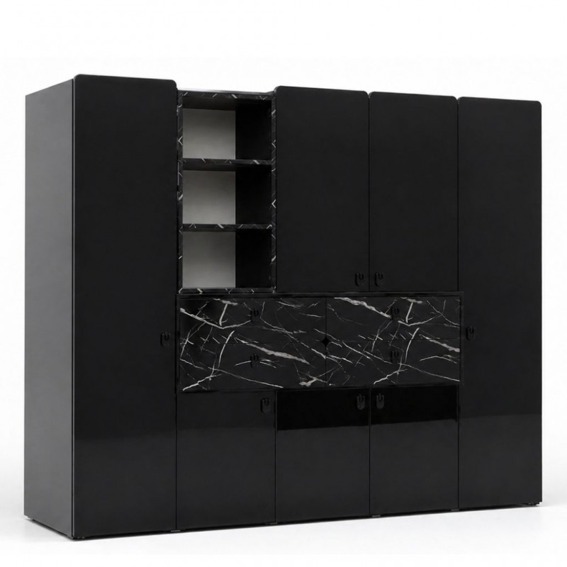 Essencia Wardrobe 7 Doors Glossy Black & Marble