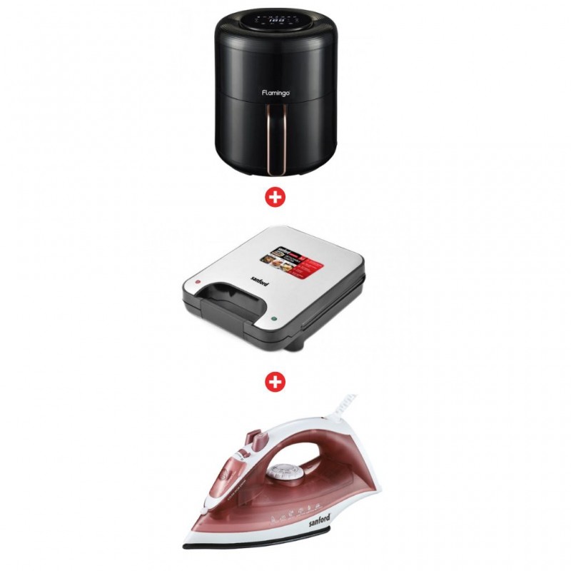 Flamingo 4L Digital Air Fryer + Sanford SF5762DST 3in1 Detachable Toaster + Sanford Pink 2YW Steam Iron "O"
