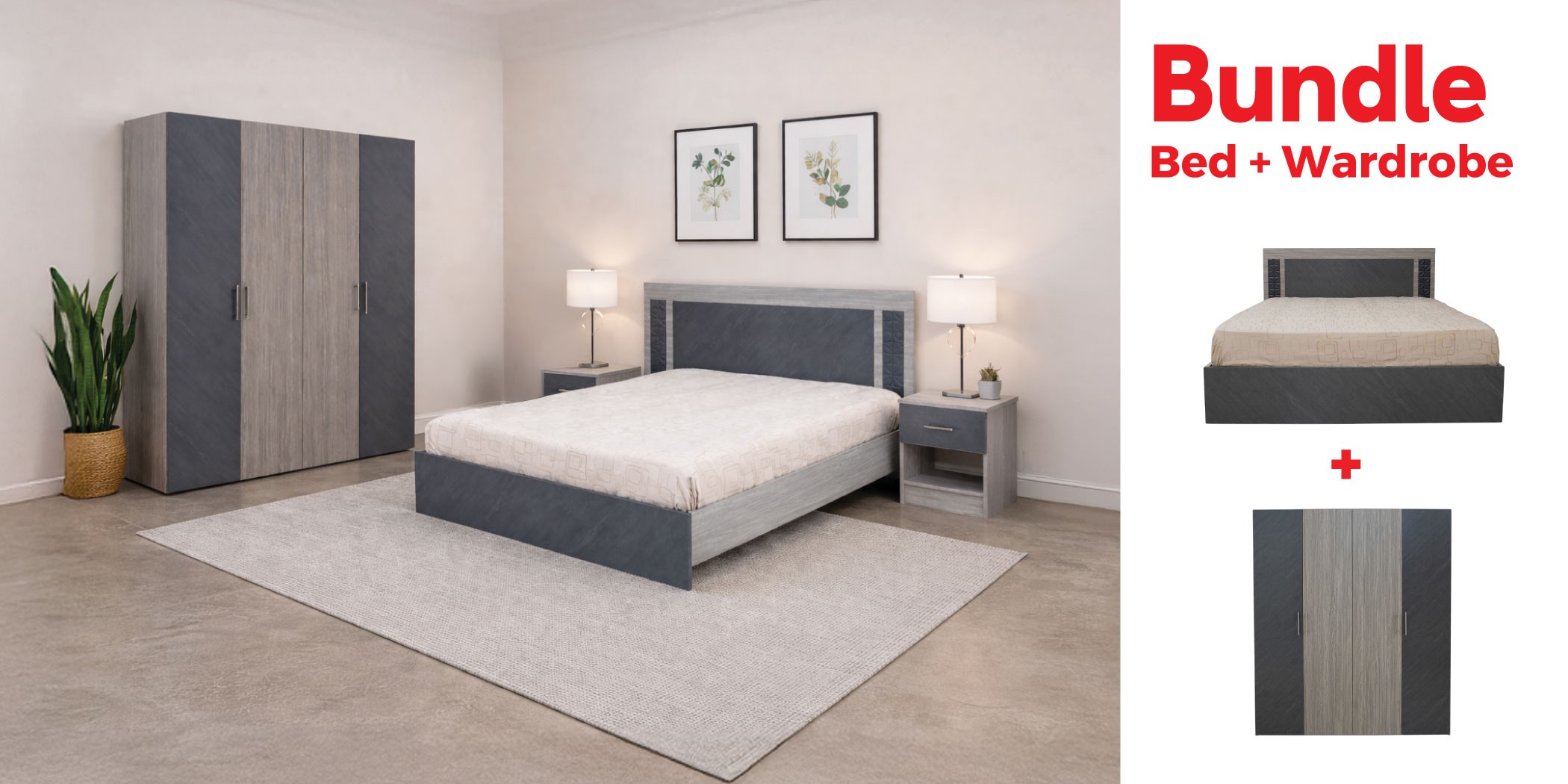 Linea Bed 150x190 cm & Linea Wardrobe 4 Doors