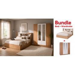 Neo Bed 150x190 cm & Wardrobe 4 Doors MDF Red Oak and White