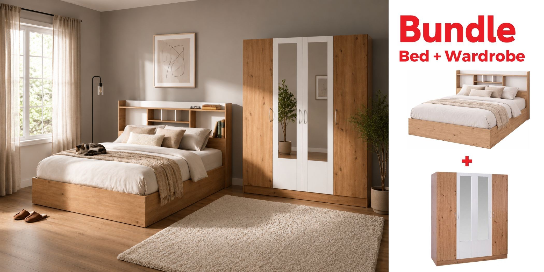 Neo Bed 150x190 cm & Wardrobe 4 Doors MDF Red Oak and White