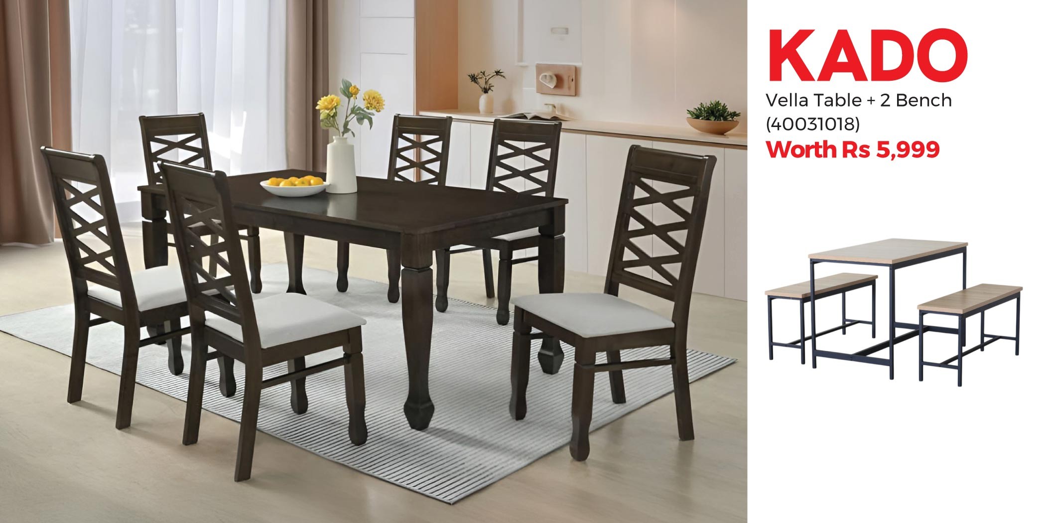 Nairobi Table & 6 Chairs Merlot In Rubberwood & Free Vella Table & 2 Bench in Melamine Oak