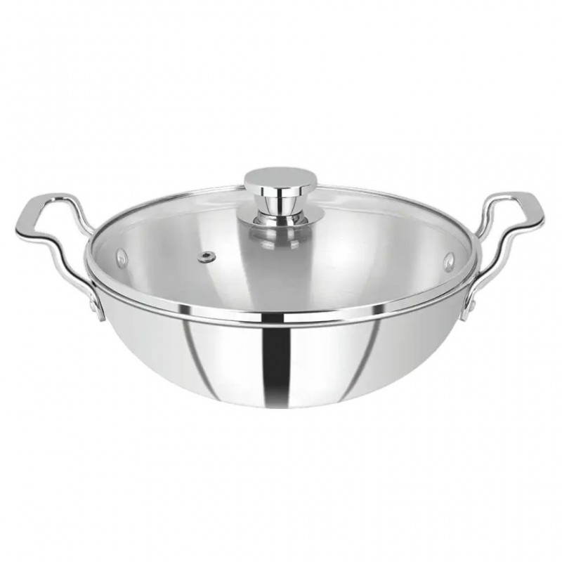 Solitaire TPKGL08 34cm SS Triply Wok W/ Glass Lid "O"