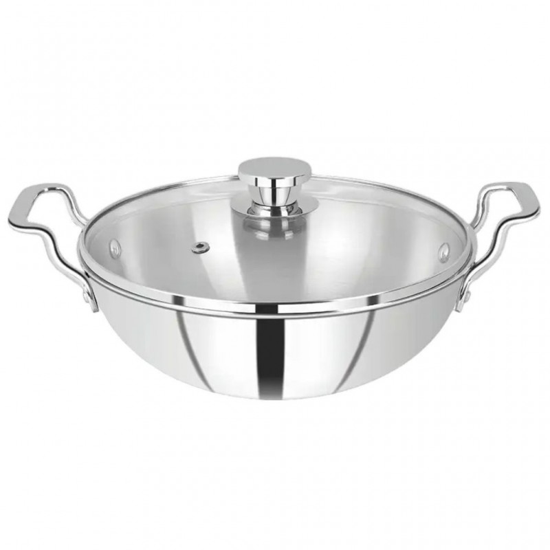 Solitaire TPKGL09 36cm SS Triply Wok W/ Glass Lid "O"
