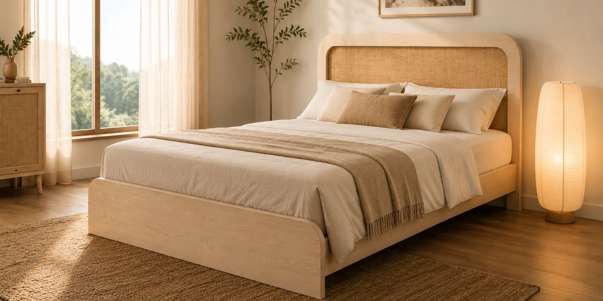 Cecilia Bed 180x200 cm In MDF Veneer & Rattan
