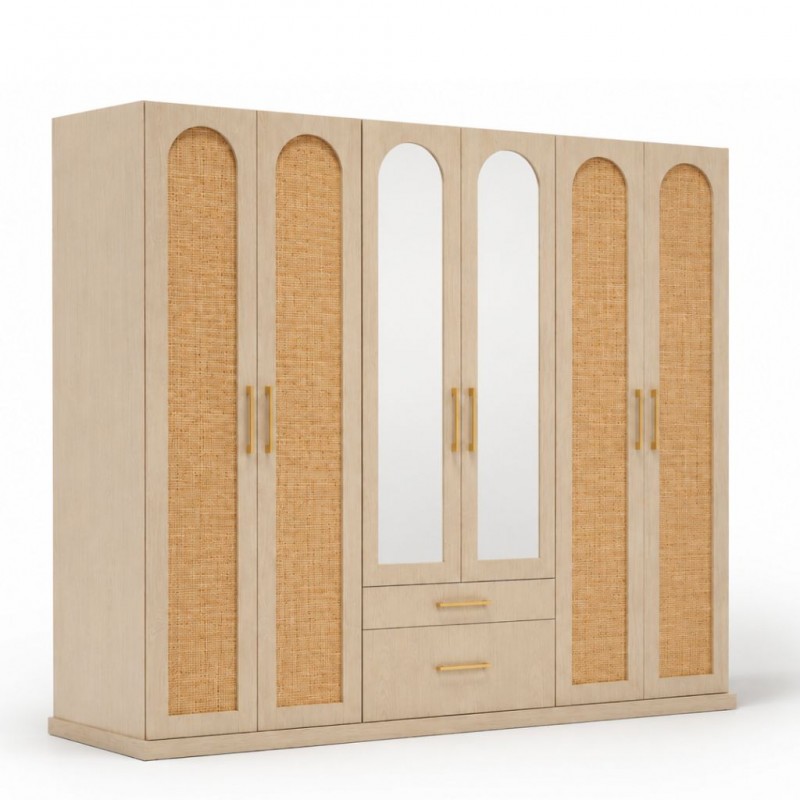 Cecilia Wardrobe 6 Doors In MDF Veneer & Rattan