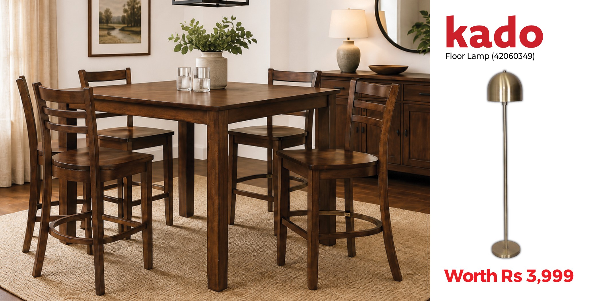Lydon Table & 4 Chairs Walnut & Free Floor Lamp Metal 25x150cm