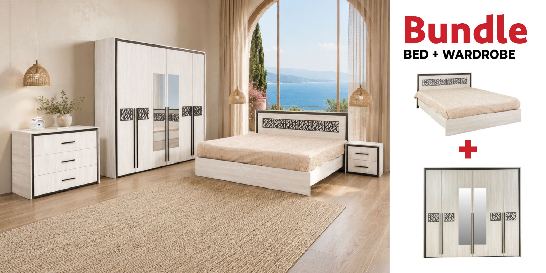 Ezra Wardrobe 6 Doors & Ezra Bed 180x200 cm Larix Black Particle Board