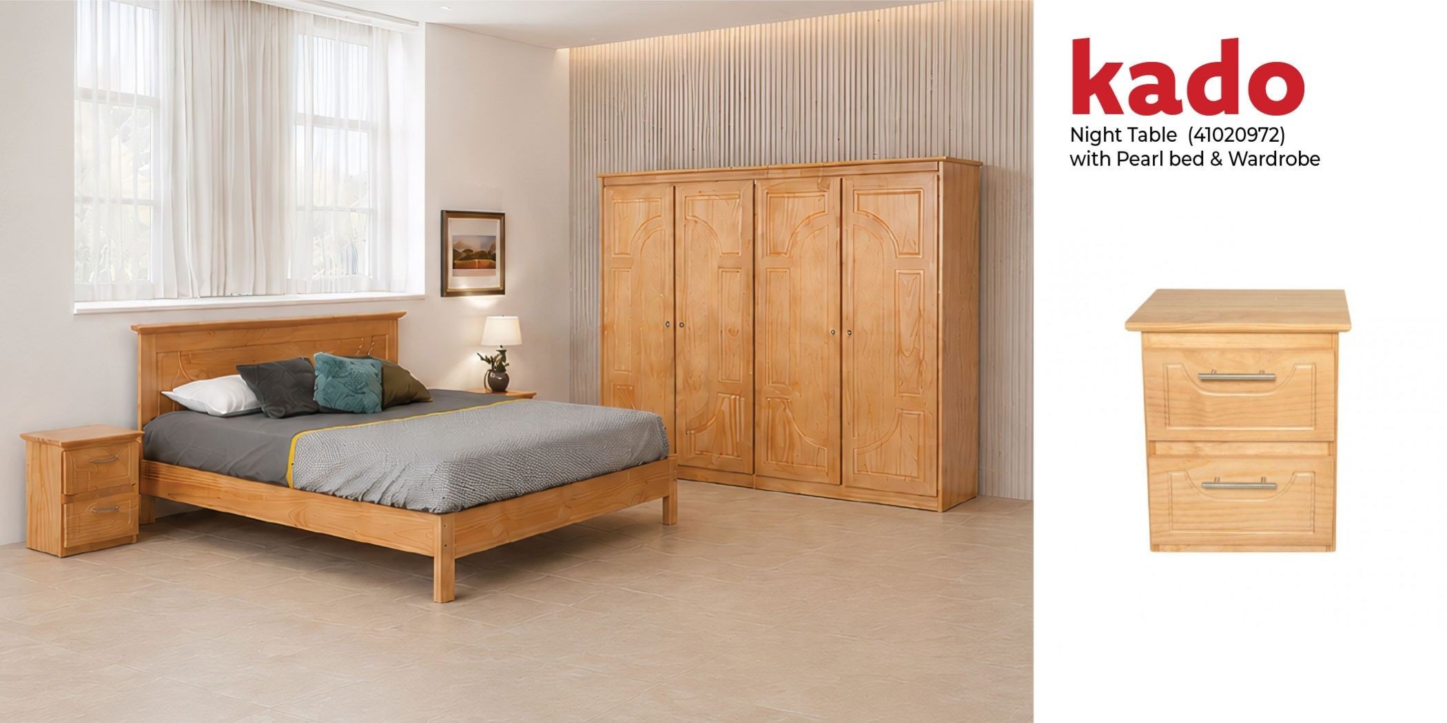 Pearl Bed 180x200 cm + Wardrobe 4 Doors Pine & Free Night Table Pine