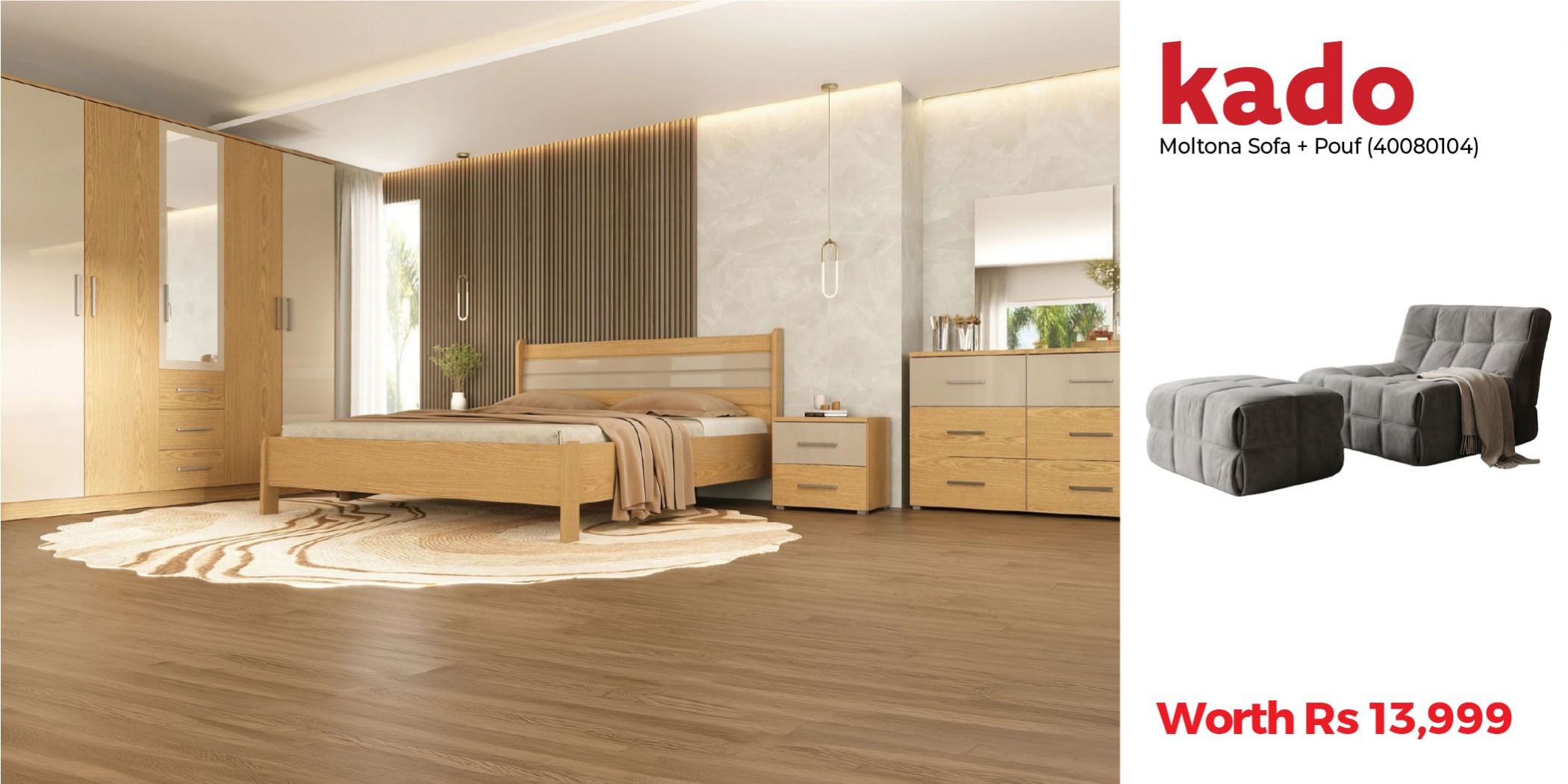 Wynwood Bedroom Set 180x200 cm Carvalho Mel & Free Moltona Compress Sofa and Pouf Dark Grey