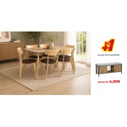 Tarva Table and 6 Chairs Fabric Brown & Affich Cabinet In Melamine Oak With Cushion