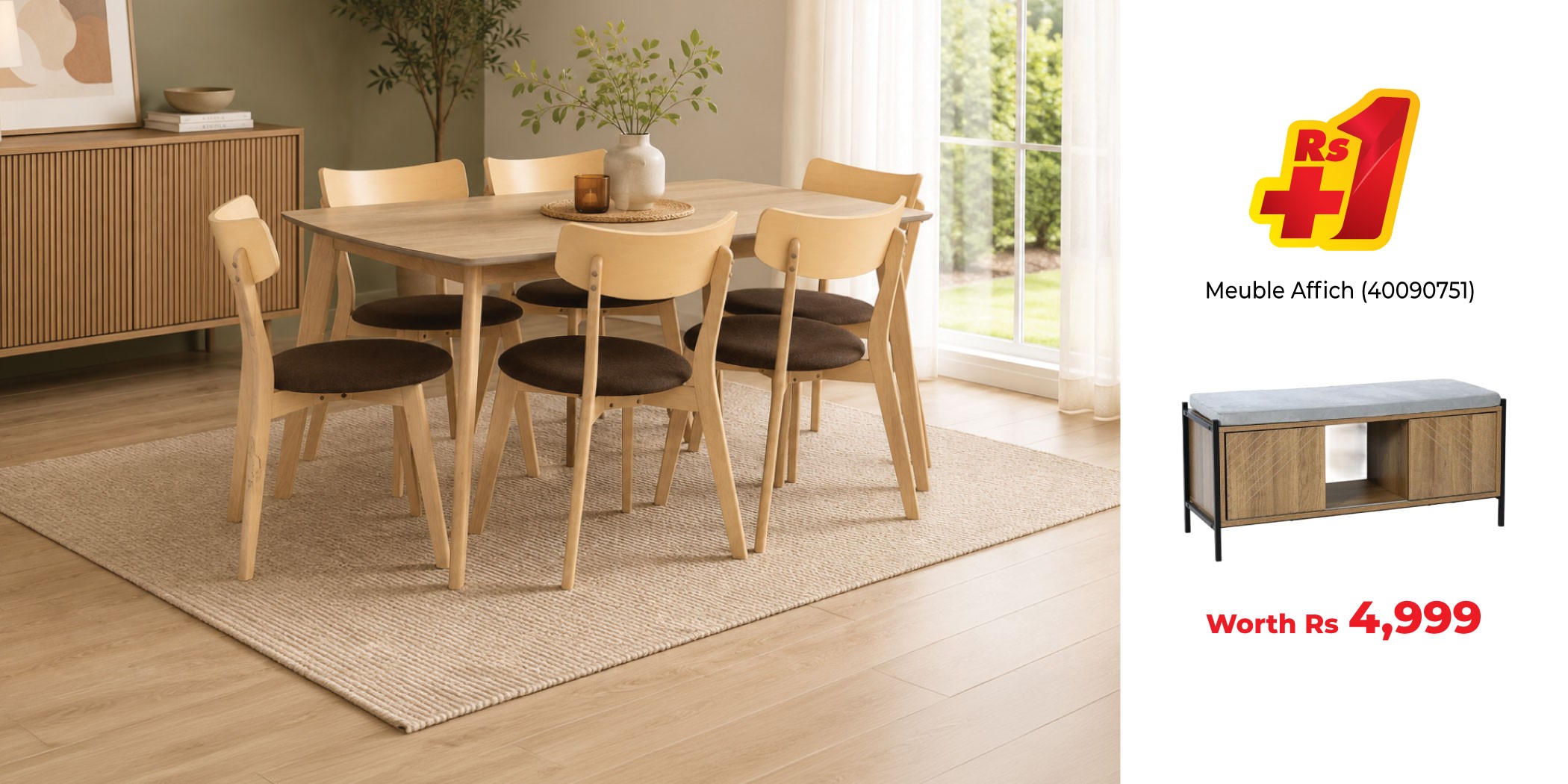 Tarva Table and 6 Chairs Fabric Brown & Affich Cabinet In Melamine Oak With Cushion