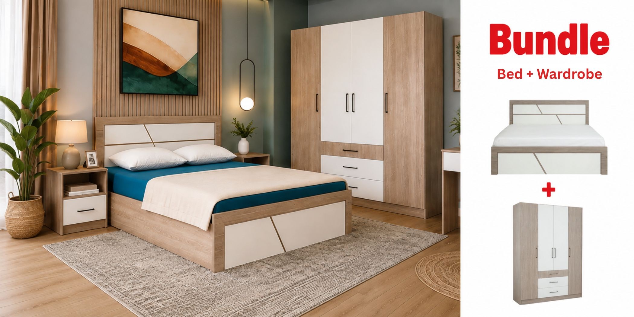 Latonia Bed 160x200 cm & Latonia Wardrobe 4 Drs Gouache & White