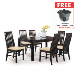 Caribean Table and 6 Chairs Rubberwood & Free Concetto CRC220 2.2L Silver Rice Cooker