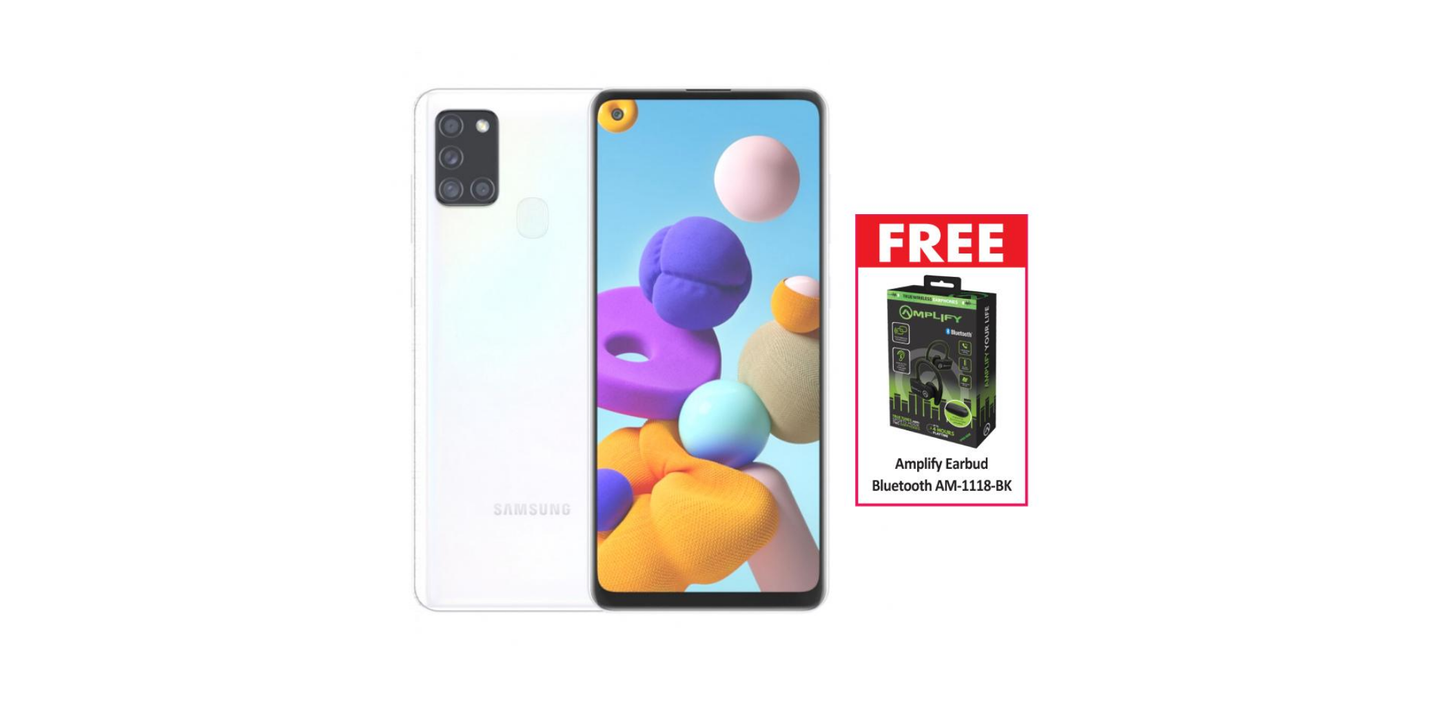 Samsung Galaxy A21S White Free Volkano Amplify Earbud- Bluetooth