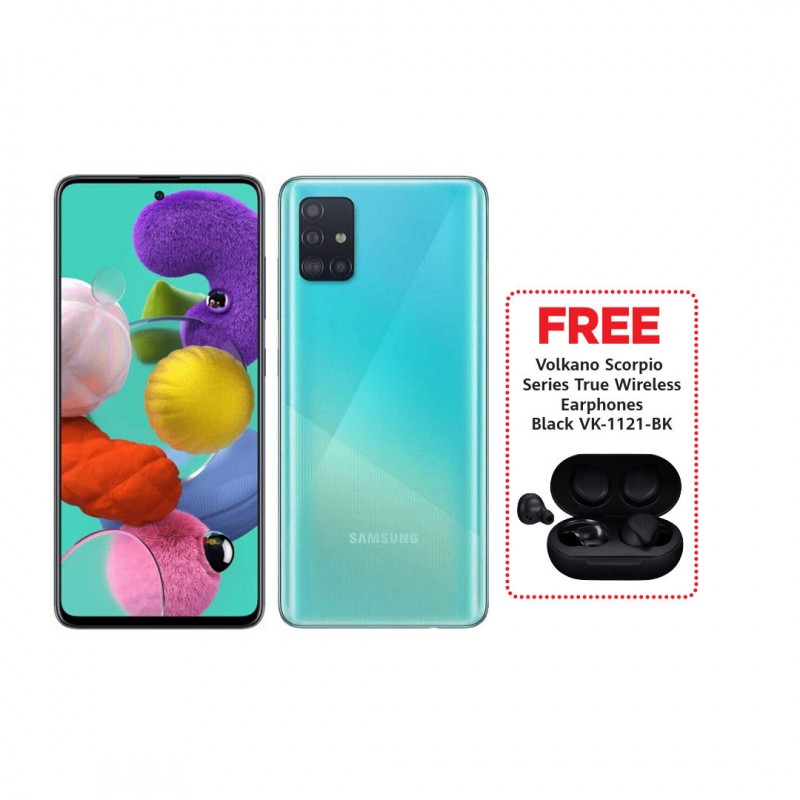 Samsung Galaxy A51 Blue & Free Volkano Scorpio Series True Wireless Earphones - Black VK-1121-BK