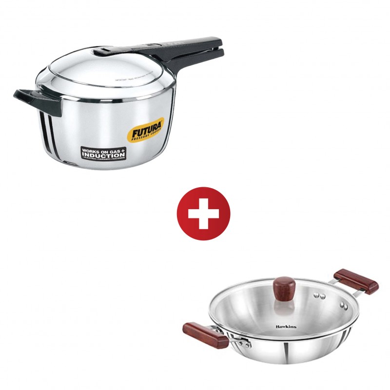 Futura 5.5L S/S Induction Pressure Cooker+Hawkins 2.5L/26cm Tri Ply S/S Deep Fry Pan