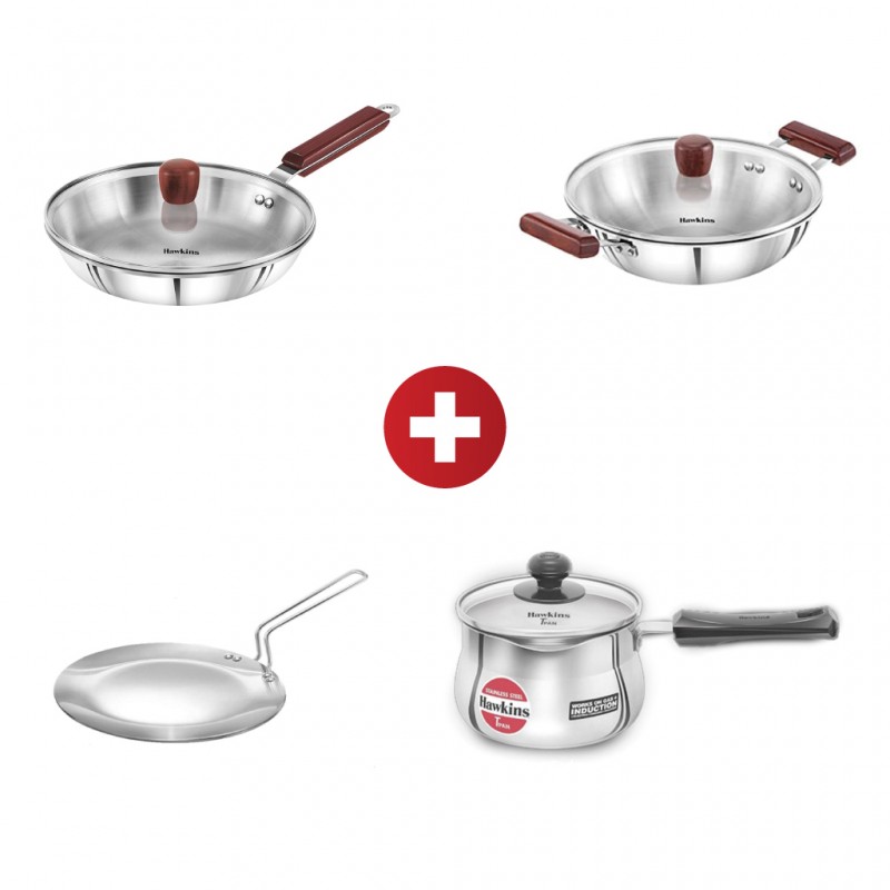Hawkins Deep Fry Pan+Frying Pan With Glass Lid+T-Pan With Glass Lid+Tri Ply S/S Tava