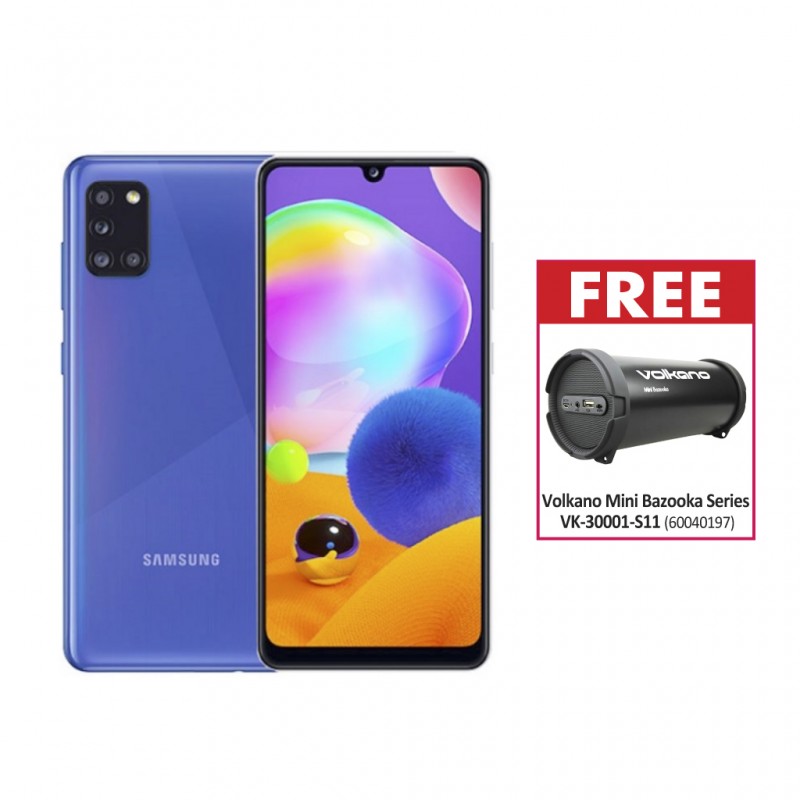 Samsung Galaxy A31 Blue & Free Volkano Mini Bazooka Series AUX/USB/FM Radio VK-30001-S11 Samsung Galaxy A31 Blue & Free Volkano Mini Bazooka Series AUX/USB/FM Radio VK-30001-S11