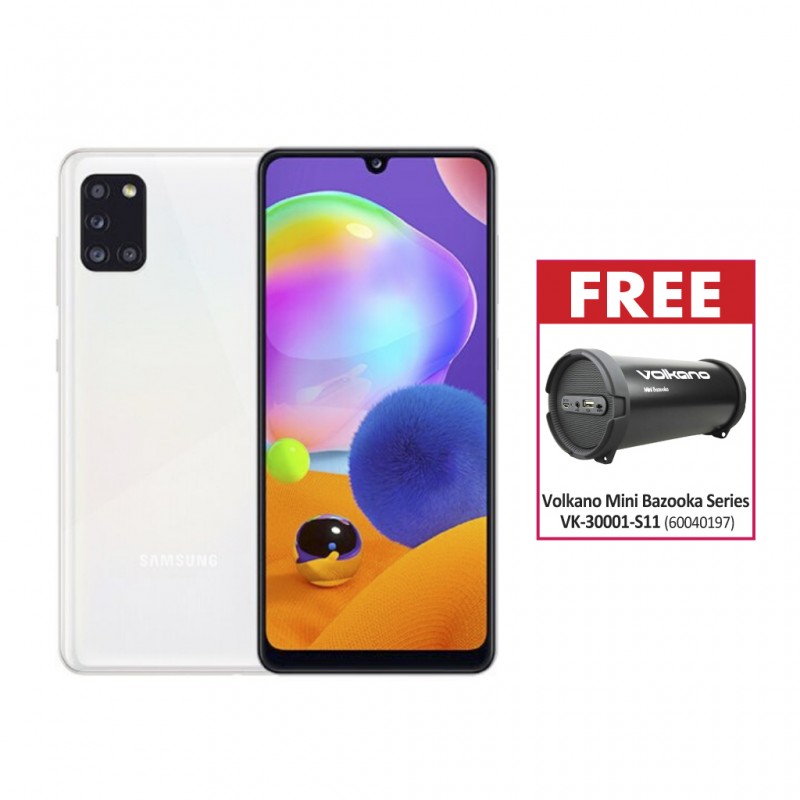 Samsung Galaxy A31 White & Free Volkano Mini Bazooka Series AUX/USB/FM Radio VK-30001-S11 Samsung Galaxy A31 White & Free Volkano Mini Bazooka Series AUX/USB/FM Radio VK-30001-S11