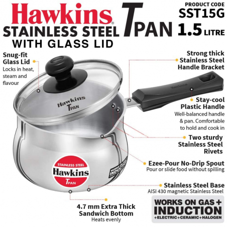 Silver SST15 Stainless Steel TPan 1.5 litres HAWKINS 