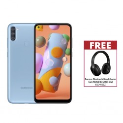 Samsung Galaxy A11 Blue & Free Volkano Bounce Bluetooth Headphones - Gun Metal BO-2005-GM