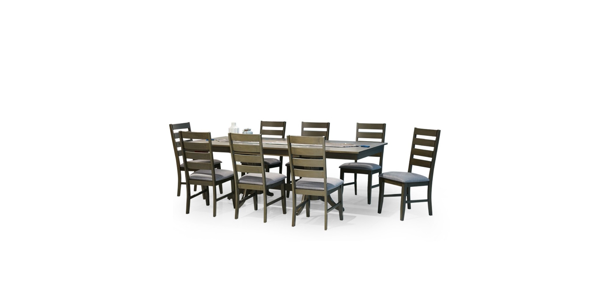 Huston Table and 8 Chairs Rubberwood Grey Fabric