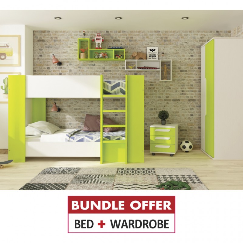 Glitter Bunk Bed 90x190cm+Wardrobe 2 Doors White & Green P.Board