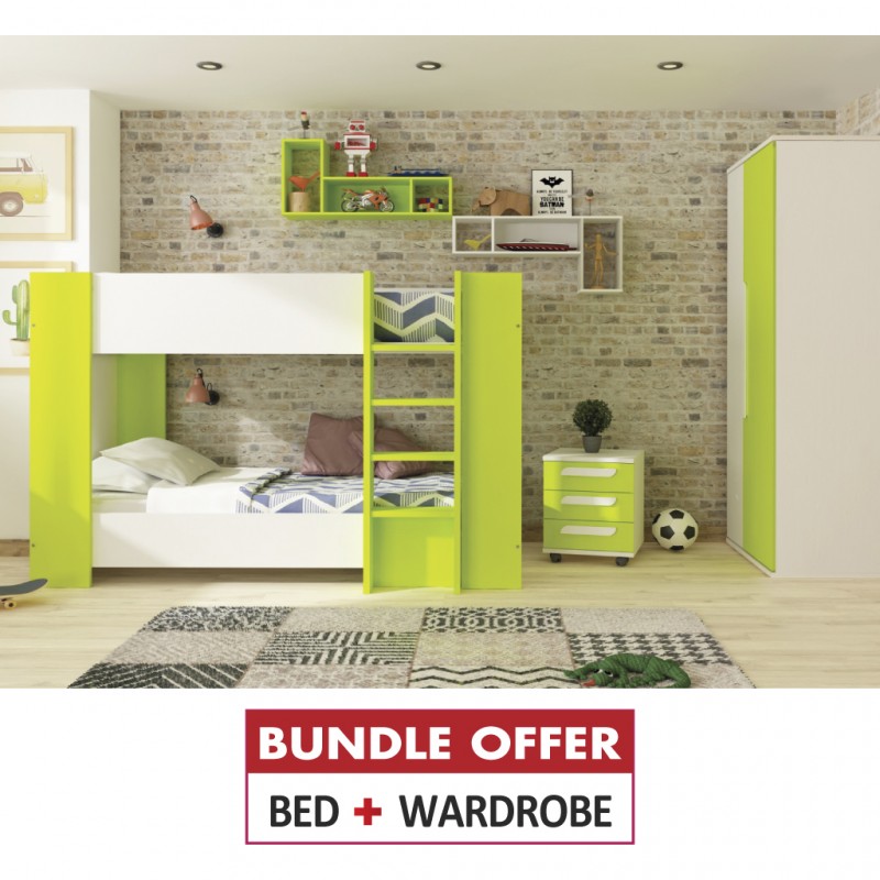 Glitter Bunk Bed 90x190cm+Wardrobe 2 Doors White & Green P.Board Glitter Bunk Bed 90x190cm+Wardrobe 2 Doors White & Green P.Board