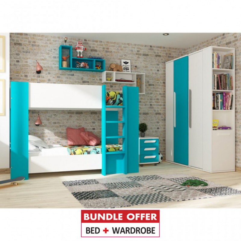 Glitter Bunk Bed 190cm+Glitter Wardrobe 2 Doors White & Blue P.Board