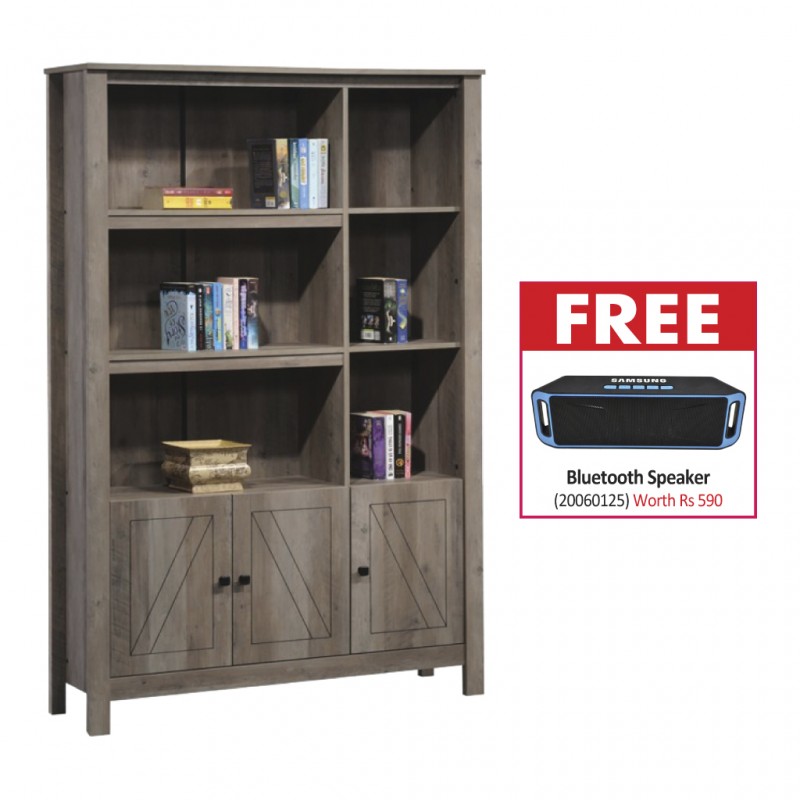 Loas Bookshelf 3 Doors+6 Tiers Rustic Oak & Free Bluetooth Speaker BT-A2DP