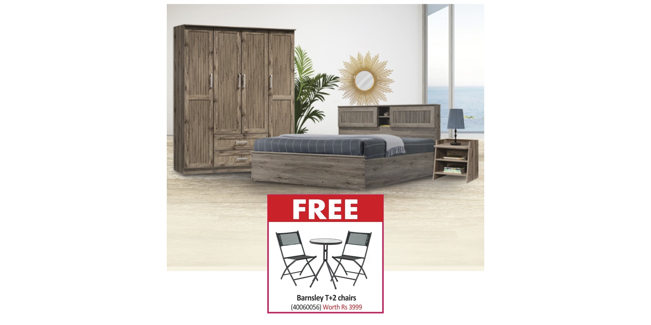 Maia Bedroom Set 150x190cm Safari Oak & Free Barnsley Table and 2