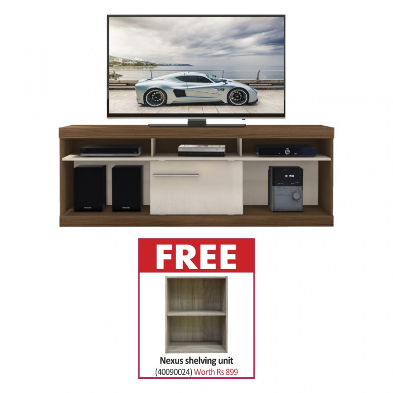 Havana Low TV Cabinet Off/White Particle Board & Free Nexus Shelving Unit 2 Tiers Oak