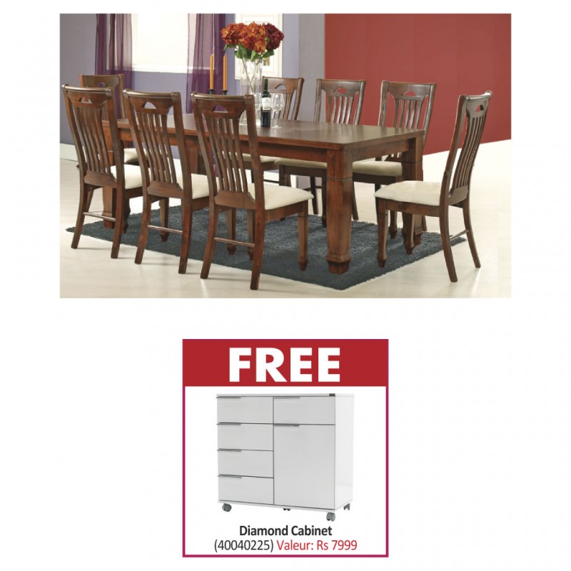 Kiev Table and 8 Chairs Rubberwood & Free Diamond Multipurpose Mobile Cabinet W/5 Drwrs Plus