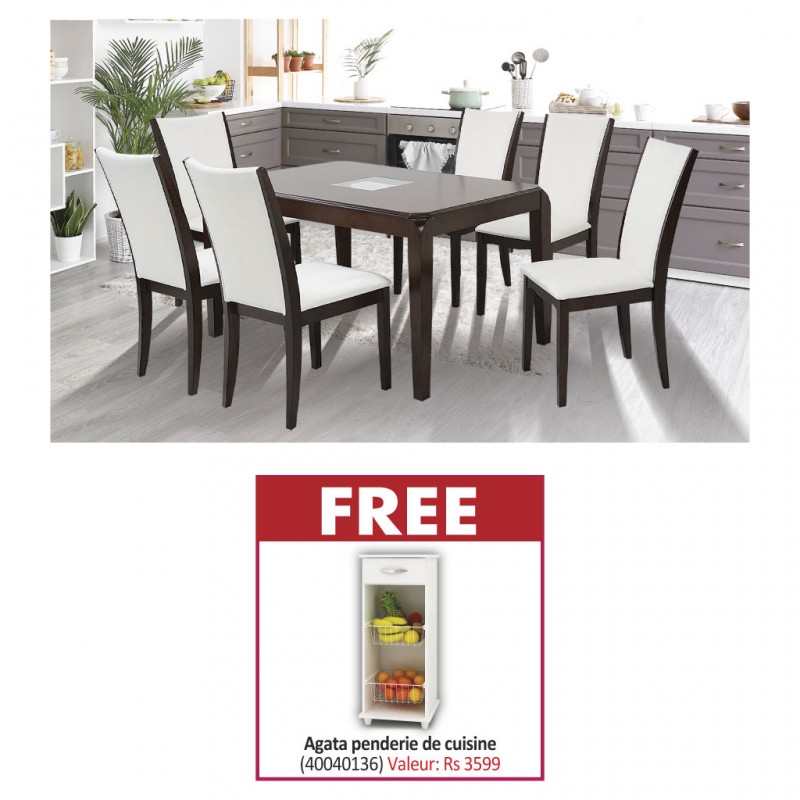 Ruby Table and 6 Chairs Black Cherry Rubberwood & Free Agata Fruit Cabinet White Particle Board W/1 Drw