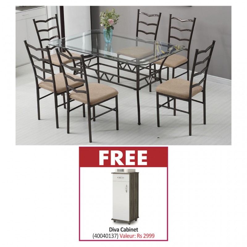 Princy Table and 6 Chairs Metal and Glass & Free Diva Cabinet New White/Choco PB 1 Door/1Drw