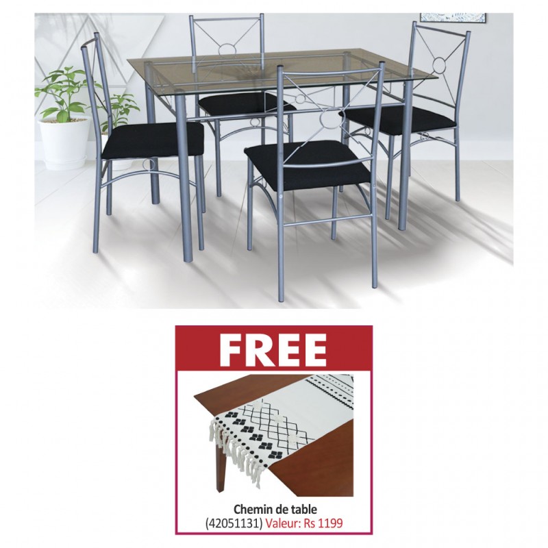 Arvens Table and 4 Chairs Black Metal & Free Table Runner 2 135x150cm 100% Polyester MAT-270015