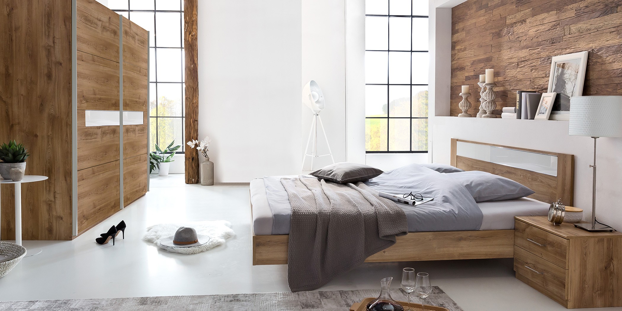 Pamela Bedroom Set 180x200 cm Chene/Verre Blanc Pamela Bedroom Set 180x200 cm Chene/Verre Blanc