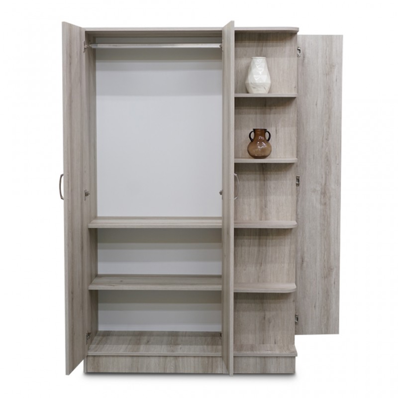 Azell 3 Door Wardrobe With Open Shelf & Mirror MDF With Shoerack