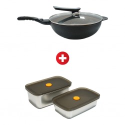 Concetto KR32 32cm Die Cast Wok With Glass Lid + Concetto CCB-02 600ml & 1000ml S/Steel Container
