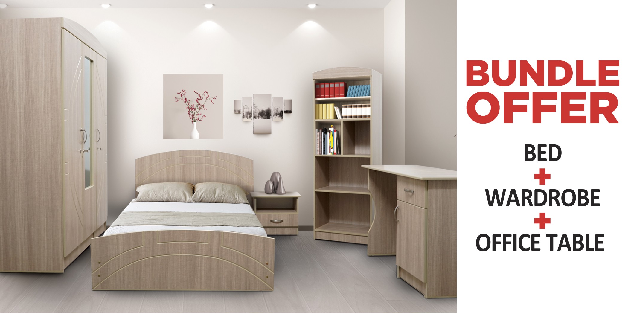 Danica Bed 107x190cm + Wardrobe 3 Doors + Danica Office Desk MDF Melamine Linen