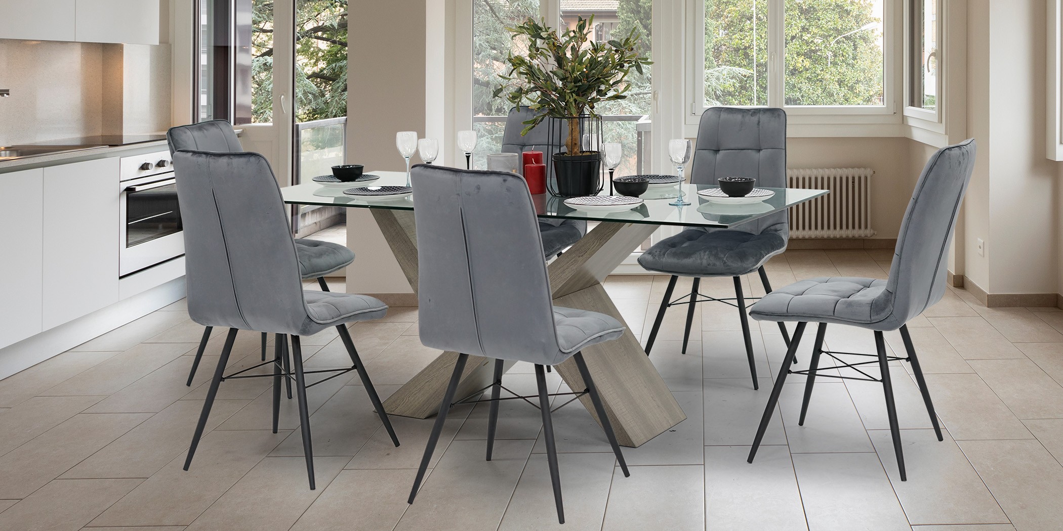 Elenora Table and 6 Chairs Grey Fabric
