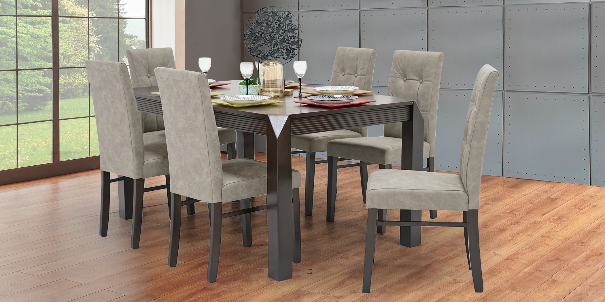 Bonia Table+6 chairs Dark Walnut Rubberwood