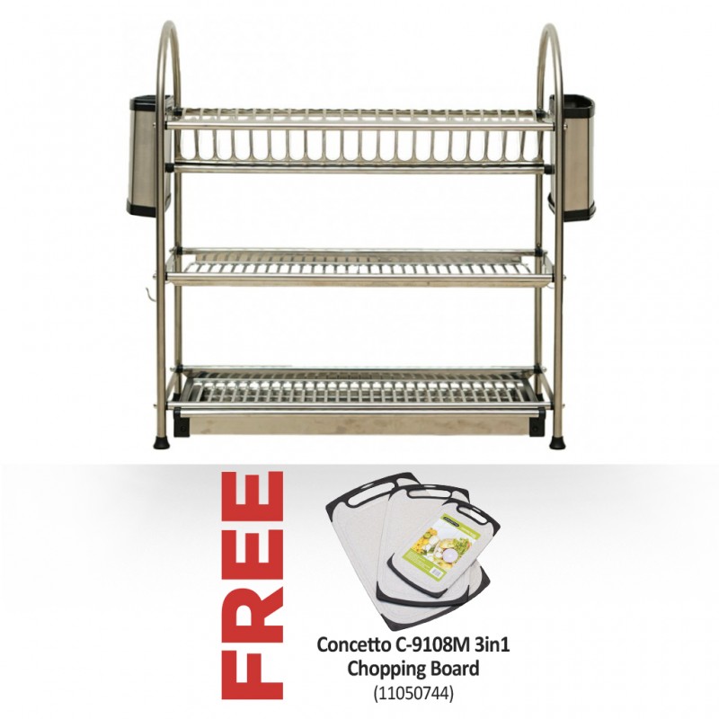 Concetto CDJ-55 3-Tiers S/Steel Dish Rack With 2 Side Holders & Free Concetto C-9108M 3in1 Chopping Board