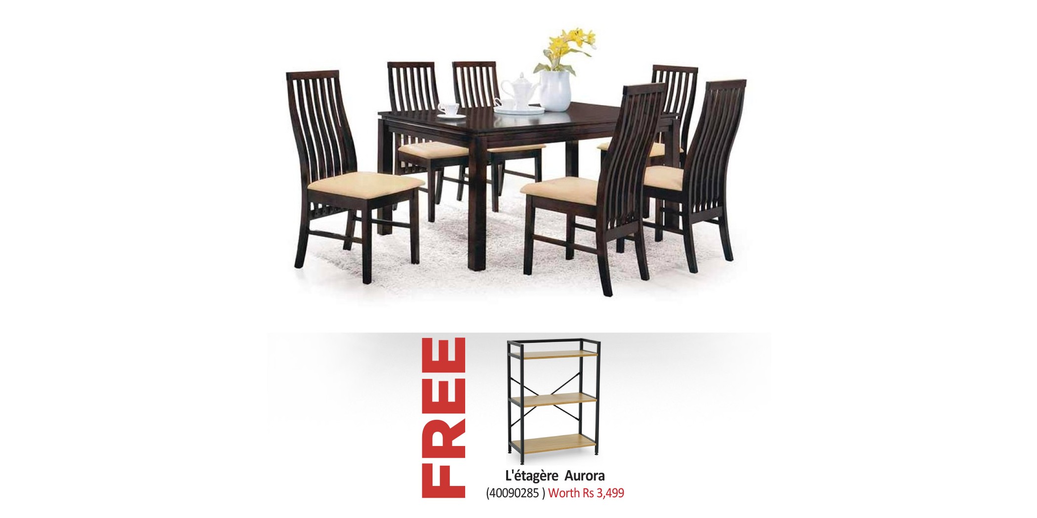 Caribean Table and 6 Chairs Rubberwood & Free Aurora Shelving Unit 3 Tiers Particle Board & Metal