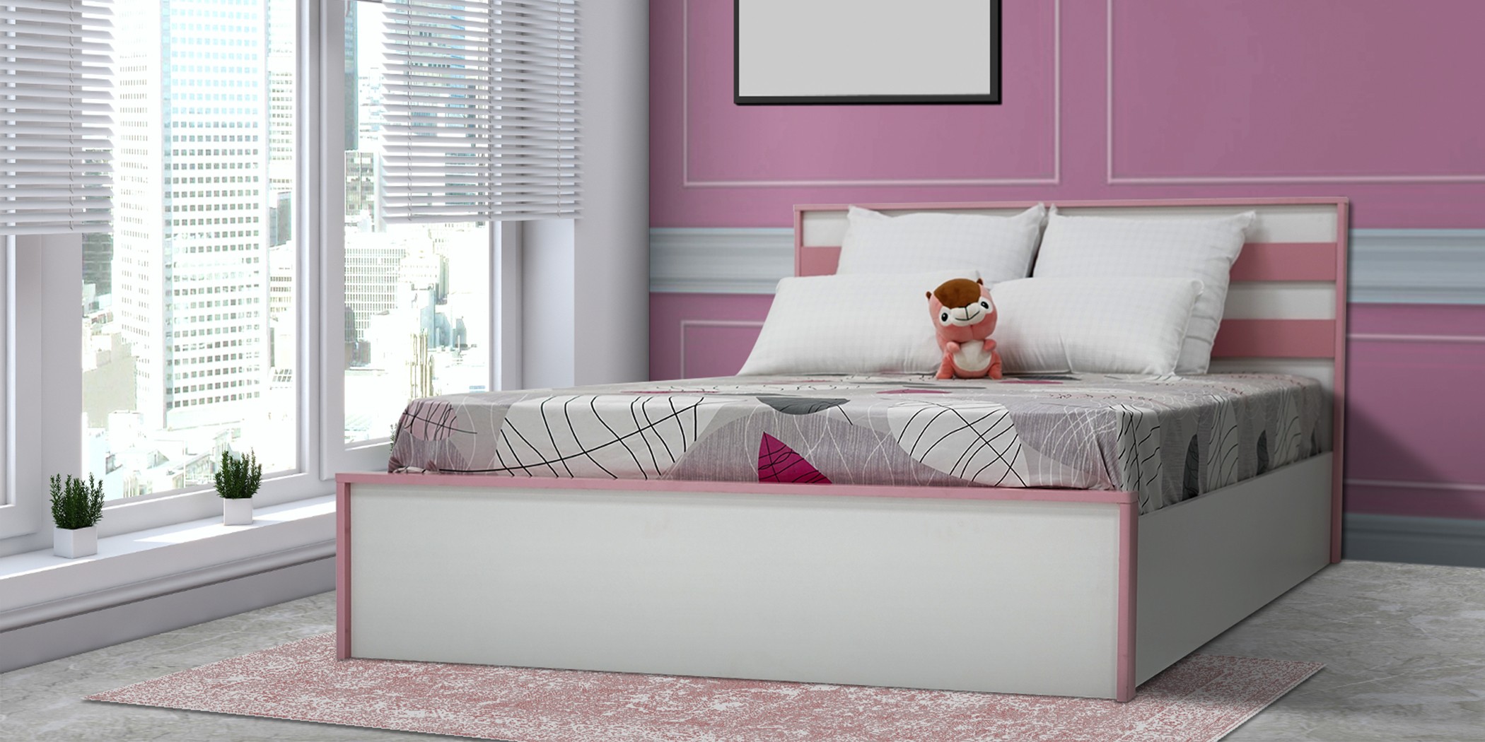 Alpha Bed 140x190 cm MDF White & Pink